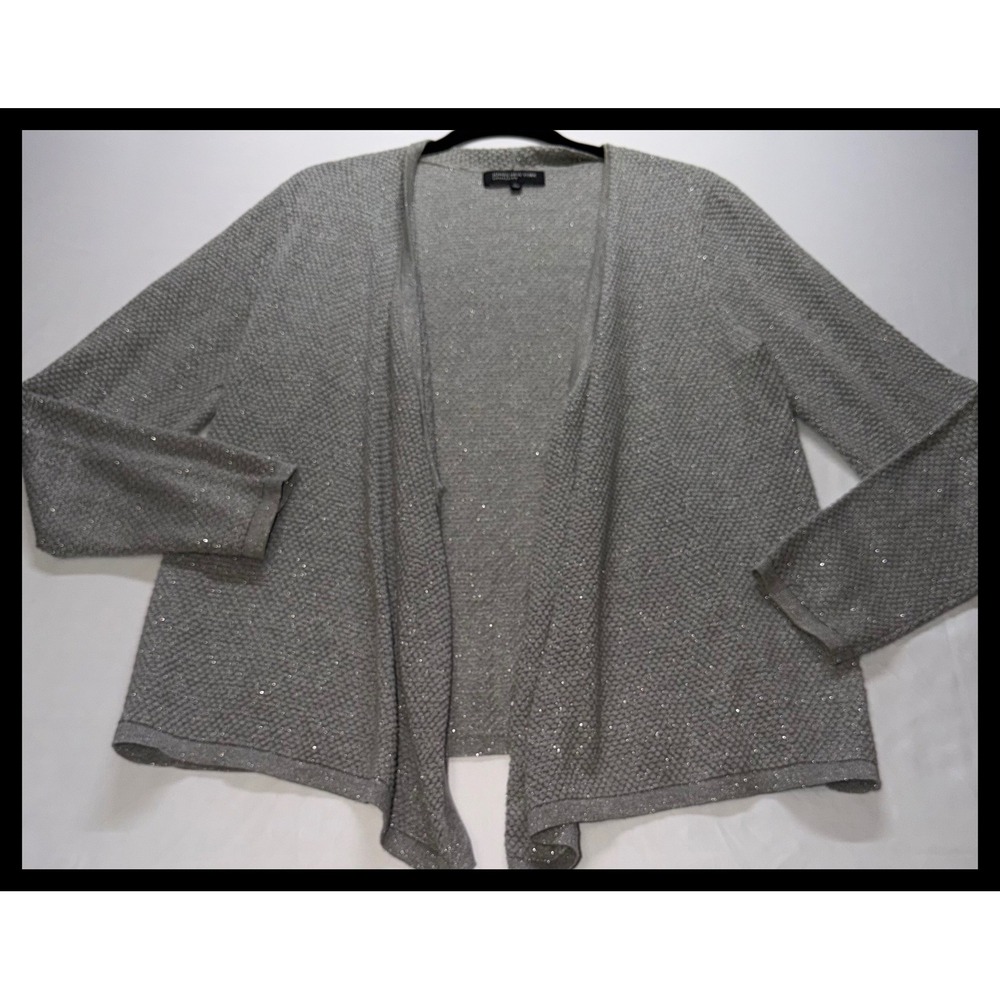 Jones New York Cardigan Womens L Silver Metallic Shimmer Open Front Knit Holiday